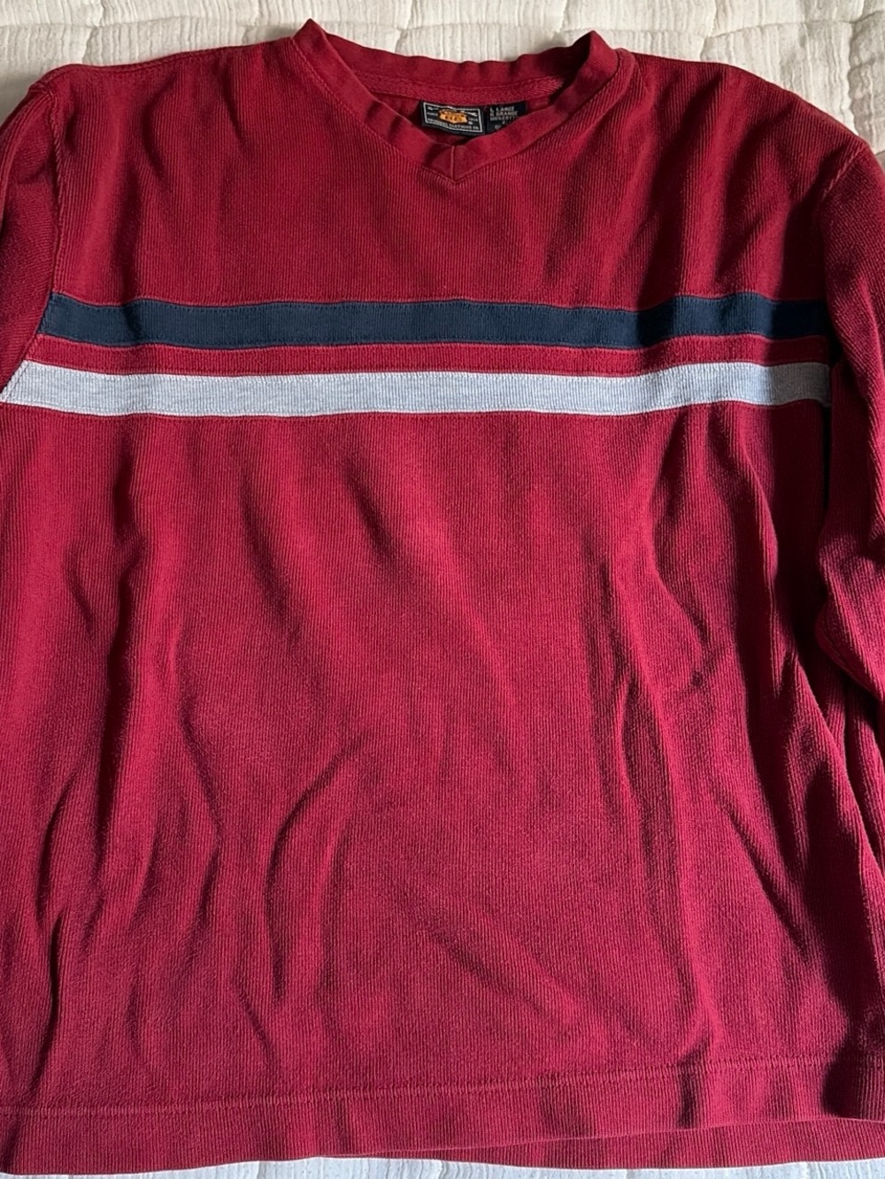Route 66 Red V-Neck Sweater with Navy and Light Gray Stripes